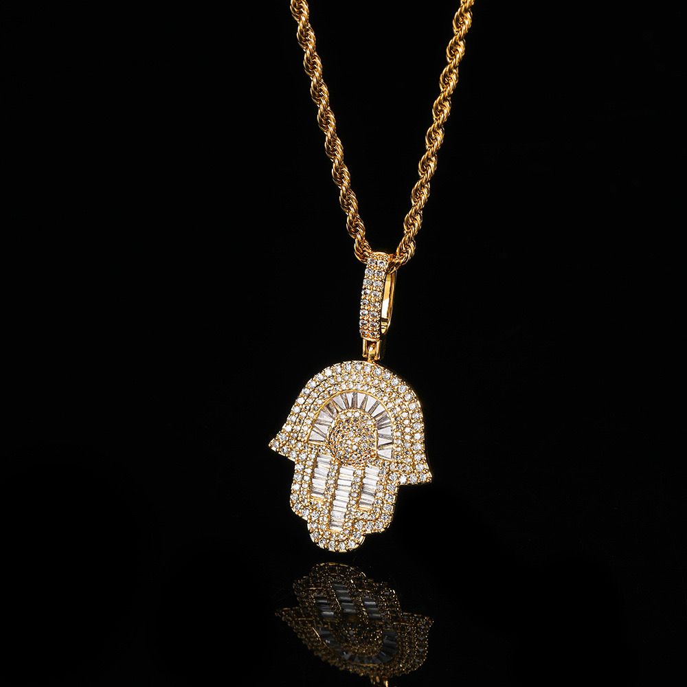 Zirconia Gold Diamond Hamsa (Pendant + Chain)